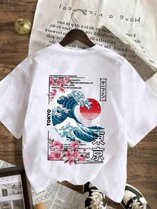 New Casual And Cute Women's T-Shirt, Loose Fit, Round Neck, Short Sleeves. Short-Sleeved T-Shirt With A Round Neck And A Tokyo Island Sunset Wave Print. High-End Urban Wear, Vacation Style, Loose And Comfortable, Versatile Short-Sleeved T-Shirt For Summer - 布蘭克 - 查看 8