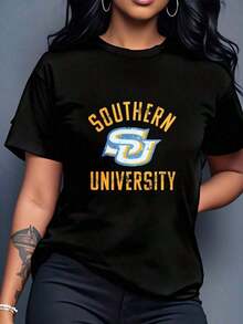 Heavyweight Wo's Oversized Crew Neck Cotton Graphic Print T-Shirt, Southern University Logo Print, Casual Wear, Loose Fit Short Sleeve T-Shirts For Spring, Fashionable Summer Basic T-Shirts, Fun Clothing With Black And White Options, Party Gift, Women's Hit. - 黑色 - 查看 7