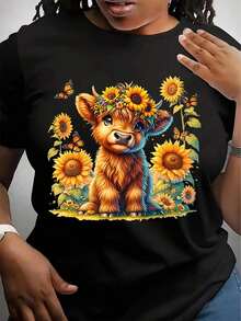 Camiseta gráfica divertida y clásica para mujer, con diseño floral, de animales y de letras, de manga corta y cuello redondo, adecuada para el verano, informal, de tela transpirable para atuendos casuales y ocasiones especiales, regalos de cumpleaños, playeras de mujer. - Negro - Ver 1
