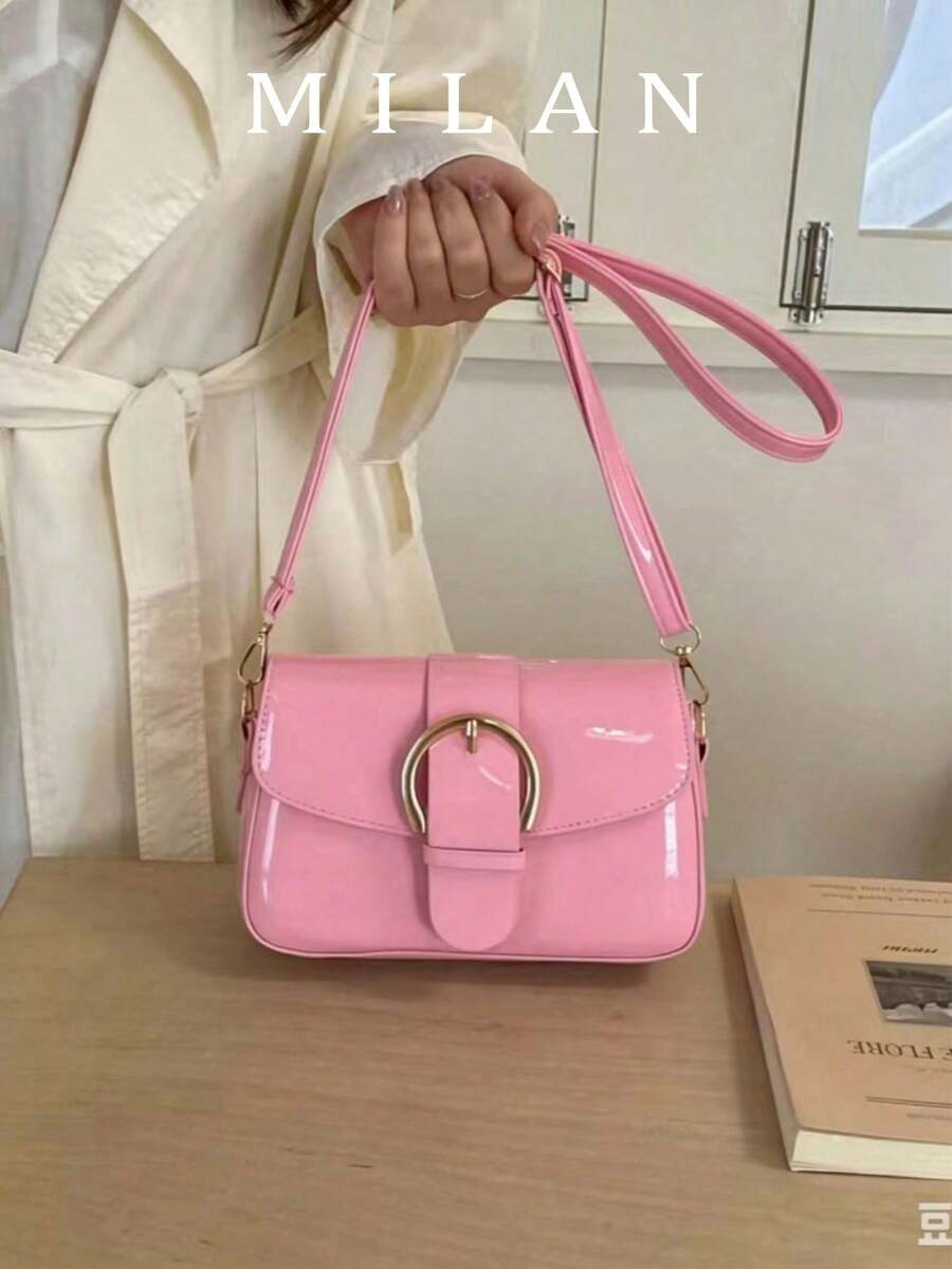 女款翻蓋小手提包，時尚金屬扣飾方形包，單肩斜背包
