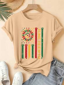 Women's Short-Sleeved T-Shirt, Vibrant And Comforting Style, With Fun Sunflower Cuff Print From JUNETEENTH, Comfortable And Breathable Fabric, Casual Round Neck T-Shirt For Summer, Fun Design For Everyday Wear, Suitable For Dates With Friends And June Events, Available In Sizes S-XXL. - 杏色 - 查看 6