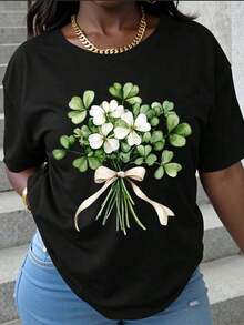Women's Black T-Shirt With Clover And White Flower Bouquet Design, Casual Summer Top, St. Patrick's Day Gift, Wearable Art, Fashion Statement, 100% Pure Cotton, Women's T-Shirt. - 黑色 - 查看 7