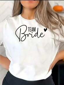 Modern MinimalistChic Bridal Heart & Letter Print Women's T-Shirt - Casual Sleeve, Summer Top,Casual Everyday - 白色 - 查看 1