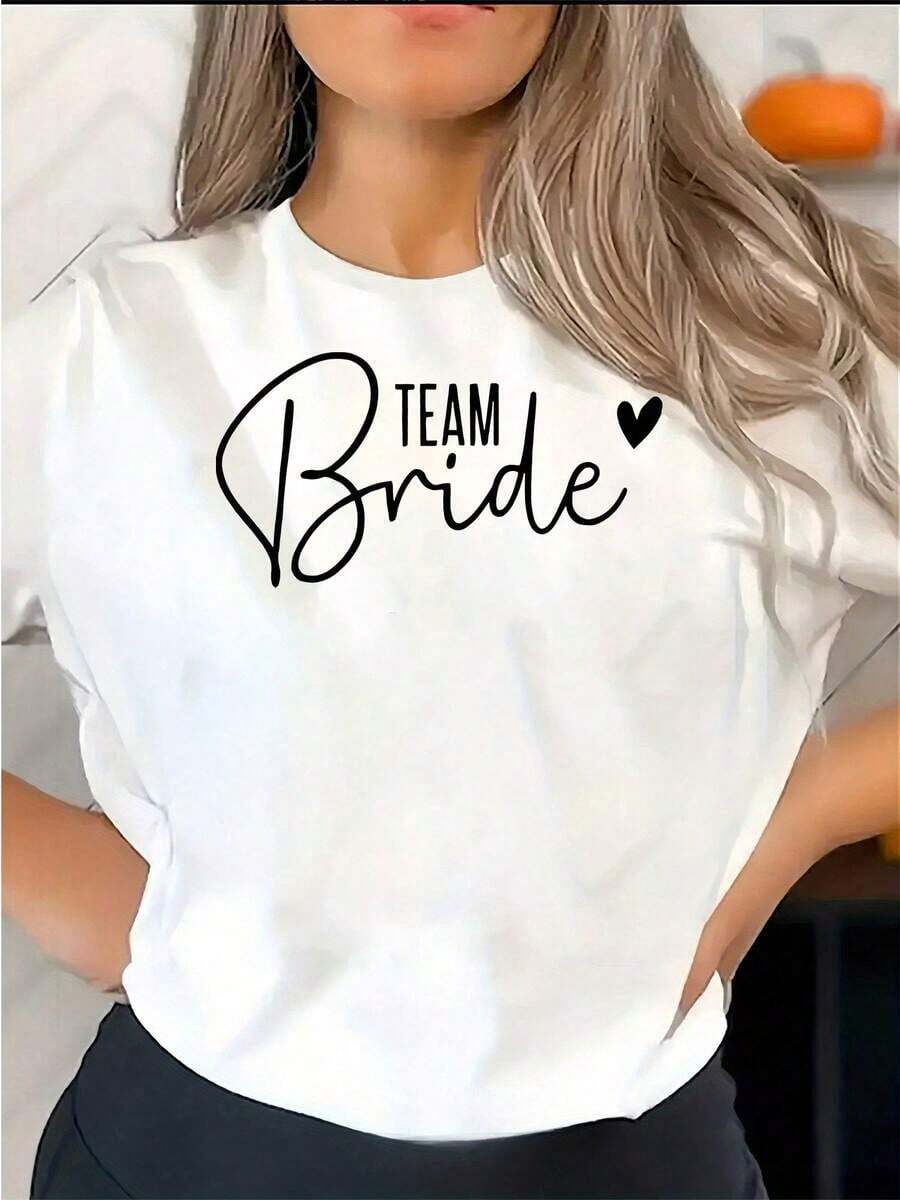 Modern MinimalistChic Bridal Heart & Letter Print Women's T-Shirt - Casual Sleeve, Summer Top,Casual Everyday - 白色 - 查看 1