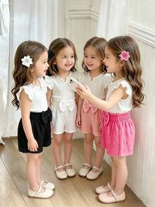 4 piezas Pantalones cortos tipo bombacho con decoración de moño 3D en unicolor para niñas, adecuados para salidas diarias en verano - Multicolor - Ver 4