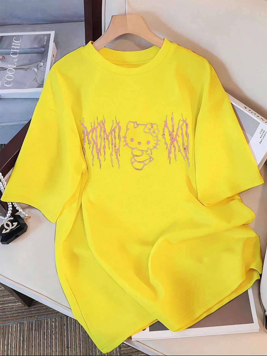 Spring/Summer/Autumn 2025 New Casual Crew Neck Loose Fit Cartoon Design T-Shirt For Home And Commuting - 黃色 - 查看 1