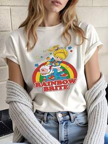 Women's Plus Size Soft Cotton T-Shirt With Rainbow Print And 80s Vintage Retro Design, Gift Idea For Kids And Adults, Casual Summer Fashion, Perfect For All Seasons, Sizes S M L XL - 白色 - 查看 1