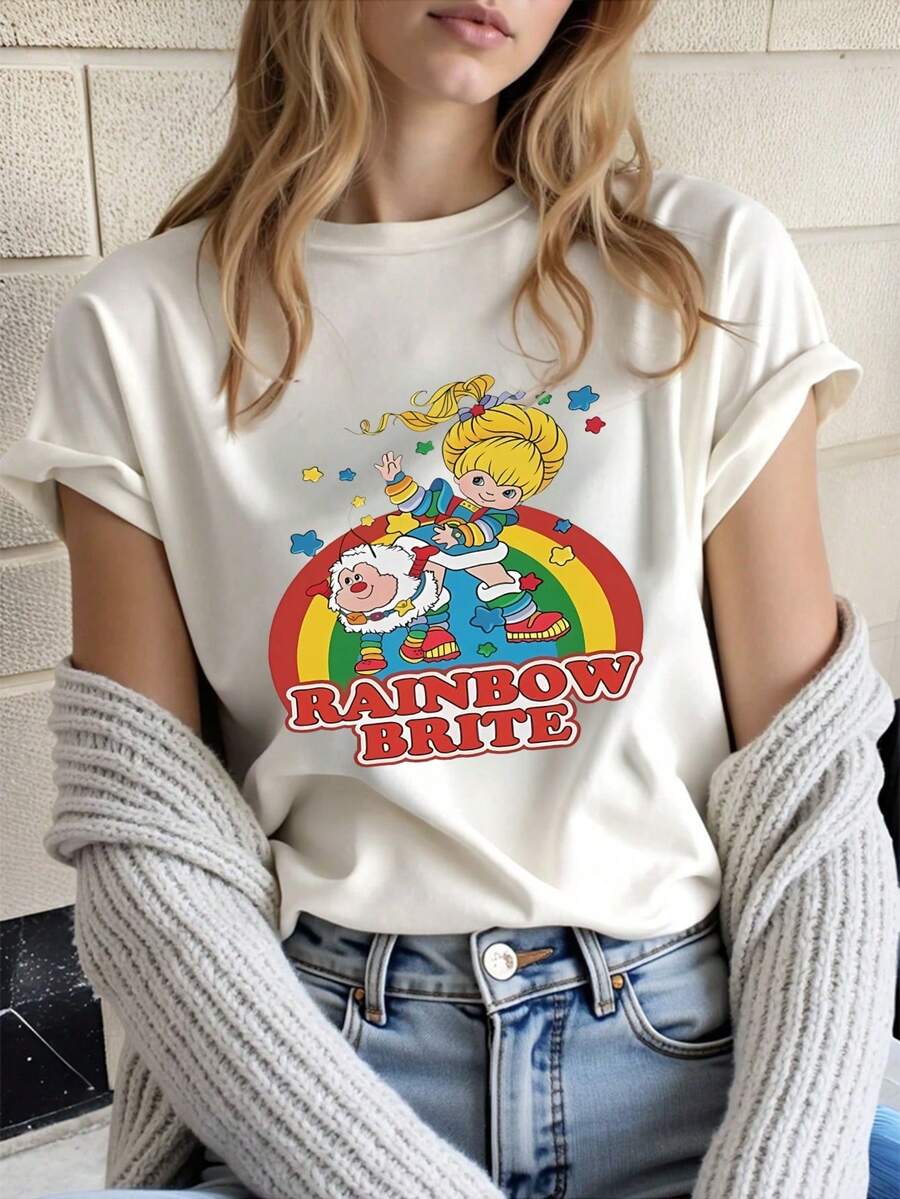 Women's Plus Size Soft Cotton T-Shirt With Rainbow Print And 80s Vintage Retro Design, Gift Idea For Kids And Adults, Casual Summer Fashion, Perfect For All Seasons, Sizes S M L XL - 白色 - 查看 1