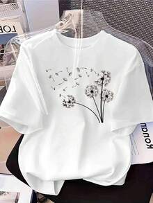 Camiseta de Mujer con Estampado de Patrón de Diente de León Dorado Inspirador - Top de Cuello Redondo - Diseño Ligero de Fantasía Casual para Primavera/Verano y Cita de Firma - Ropa Casual Cómoda Lavable a Máquina - Blanco - Ver 1