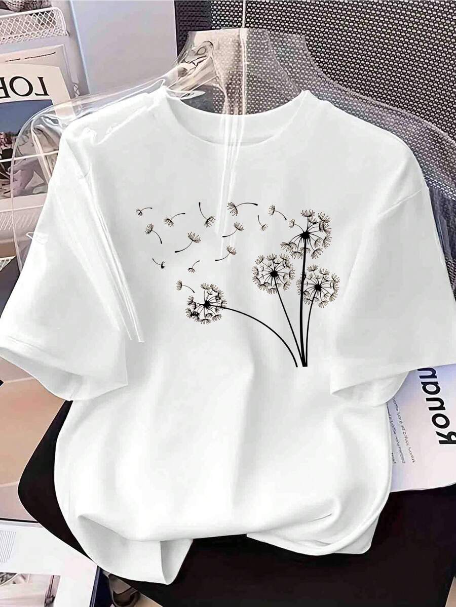 Camiseta de Mujer con Estampado de Patrón de Diente de León Dorado Inspirador - Top de Cuello Redondo - Diseño Ligero de Fantasía Casual para Primavera/Verano y Cita de Firma - Ropa Casual Cómoda Lavable a Máquina - Blanco - Ver 1