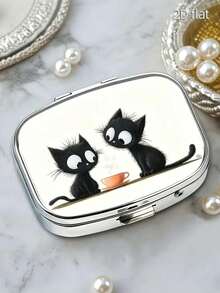 Caja de pastillas con forma de gato lindo con 2 compartimentos, caja de almacenamiento de medicamentos de metal portátil y duradera, adecuada para vitaminas y suplementos, caja dispensadora mini, caja de almacenamiento de 2 ranuras, caja de almacenamiento portátil para el hogar, caja de pastillas cuadrada - Multicolor - Ver 3
