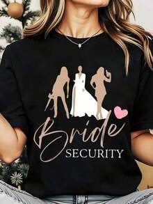 Suave, transpirable y ligera para comodidad durante todo el día. Camiseta de cuello redondo para mujer con estampado gráfico de  de novia y diseño de silueta para bodas, fiestas nupciales y - Negro - Ver 12