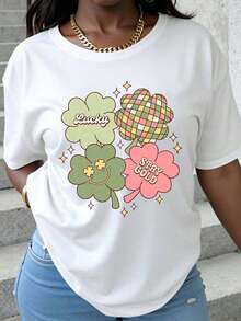 Lucky Clover Stay Gold St. Patrick's Day T-Shirt, Women's Shamrock Graphic Tee, Festive Holiday Top, Spring Casual Wear, 100% Pure Cotton, Women's T-Shirt - 白色 - 查看 1