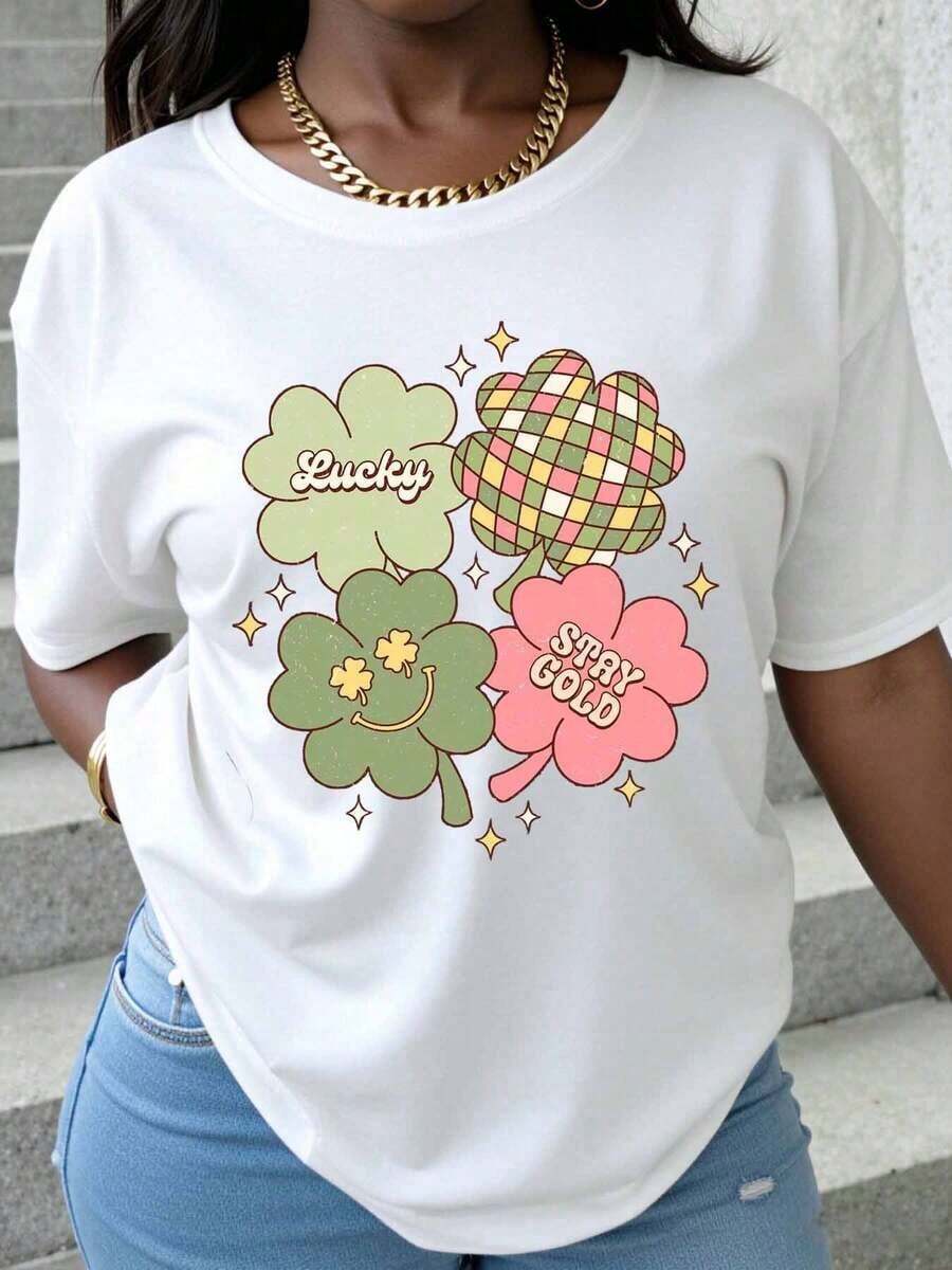 Lucky Clover Stay Gold St. Patrick's Day T-Shirt, Women's Shamrock Graphic Tee, Festive Holiday Top, Spring Casual Wear, 100% Pure Cotton, Women's T-Shirt - 白色 - 查看 1