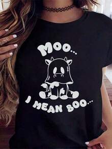 Soft Cute Cartoon Cow Moo I Mean Boo Halloween Tee Shirt With Funny Animal Print And Text For Casual Wear, 200g, Casual Blouse For Women, Blouses For Women, Cotton T-Shirts For Women - 黑色 - 查看 1