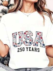 Camiseta de Cuello Redondo para Mujer, Estampado Floral, Celebración del Día de la Independencia de 250 Años, Vacaciones Patrióticas, 200g, Playera Ho - Blanco - Ver 7