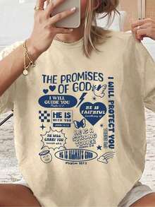 Women's Summer Tops In A Y2K Style, Cute And Fun. Faith-Based. Christian Shirt. Bible T-Shirt. Catholic-Themed, Cartoon Letter Pattern Printed Women's T-Shirts Suitable For Various Occasions, Such As Gifts For Festivals, Birthdays, Music Festivals, Mother's Day, Easter, Graduation, Casual Season. Versatile And Comfortable, For Beach Vacations, Simple And Fashionable, Suitable For Women And Girls For Everyday Wear. 100% Pure Cotton, Women's T-Shirt - 杏色 - 查看 1