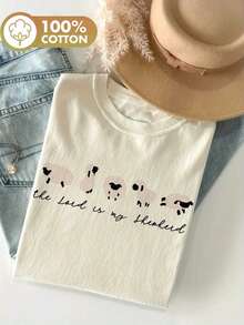 Graphic Print T-Shirt, Short Sleeves, Round Neck, Casual Top For Summer And Spring, Women's Clothing, Women's Winter Clothing - 杏色 - 查看 1
