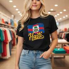 Women's Cotton T-Shirt With Haitian Flag Graphic Print, Short Sleeve, Round Neck, Casual Top, Loose Fit For Everyday Wear, Sizes S-5XL Available, Patriotic Design T-Shirt, Soft And Comfortable Basic T-Shirt, Fashionable Summer Blouse. - 黑色 - 查看 8