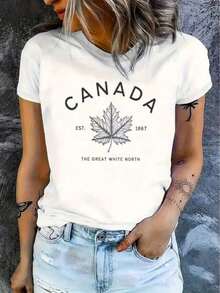 Camiseta estampada con la hoja de arce canadiense para mujer, hora estándar del este, 1867, camiseta casual, camiseta para uso diario, camiseta para vacaciones, camiseta deportiva para mujer - Blanco - Ver 7