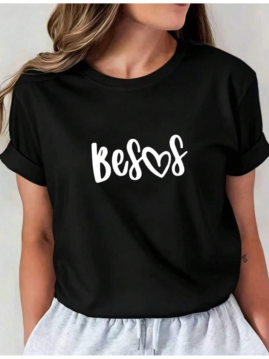 Best Women's Casual Sports T-Shirt ♥ - Black Elastic Round Neck T-Shirt With White Cursive Text, Machine Washable, Comfortable Fit For All Seasons, For Casual Style. - Black - View 1