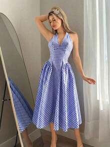 Vestido de cuello halter con cintura ceñida a cuadros para mujer - Azul - Ver 4