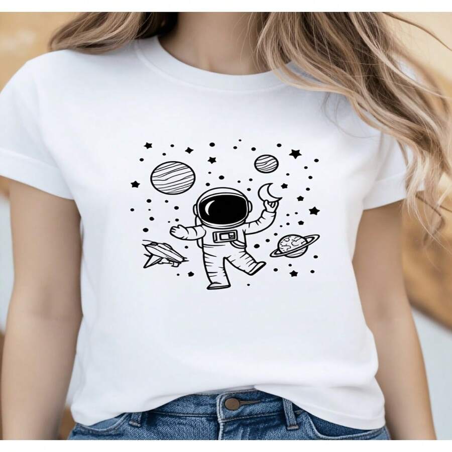 Camiseta casual para mujer con estampado de astronauta espacial para atuendo de aventura cósmica, ropa de verano 2D, blusas bonitas para mujer, camiseta de mujer de Diseño holgado casual, holgada y ligeramente extendida S-XXXL - Blanco - Ver 1