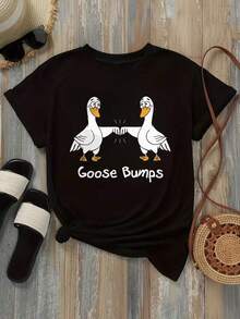 Camiseta de Mujer 2026, Corte Holgado Casual, Opciones en Blanco y Negro, Estampado Gráfico 'Goose Bumps', Camisetas Cómodas para Uso Diario, Tops de Verano, Camisetas Gráficas, Conjuntos de Verano para Mujer, Camisetas Cortas para Mujer, Blusas para Mujer, Ropa Casual Vintage de Algodón, Ropa Linda para Mujer, Blusas para Mujer Casuales - Negro - Ver 3