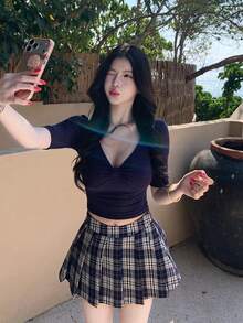 Korean Retro Patchwork Twist Knot Short Sleeve T-Shirt, Slim Fit Casual Cropped Top For Summer - Navy Blue - View 5