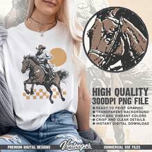 Diseño retro de vaquero - Gráfico digital occidental para sublimación e impresión - Camiseta de vaquero - Diseño de rodeo - Blanco - Ver 2