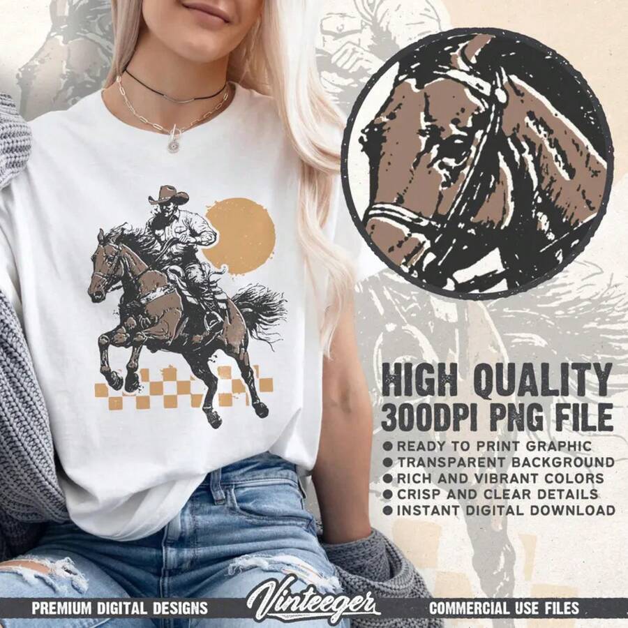 Diseño retro de vaquero - Gráfico digital occidental para sublimación e impresión - Camiseta de vaquero - Diseño de rodeo - Blanco - Ver 1