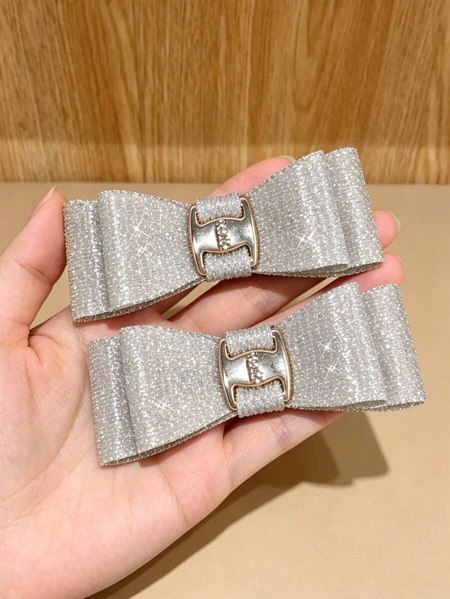 2pcs Gold Bowknot Hair Clips, Shiny Fashion Hair Accessories Suitable For Daily Wear And Important Occasions Like Birthday Parties - Silver - View 1