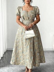 Vestido maxi de mujer talla grande con elegante estampado floral jacquard, cuello cuadrado y cintura ceñida.Adecuado para volver al colegio, graduación, San Valentín, Navidad, festivales de música, Día de la Madre, Halloween, Acción de Gracias, Pascua, baile de graduación, citas, temporada de bodas, excursiones al aire libre - Multicolor - Ver 8