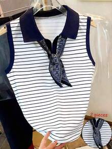Blusa sin mangas con estampado de denim, blusa casual minimalista para mujer - Multicolor - Ver 8
