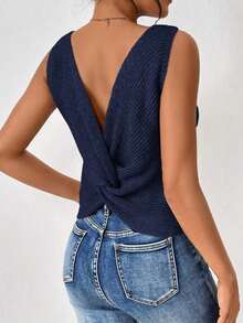Frenchy Chaleco de suéter sin mangas retorcido de punto sólido para mujeres, casual y versátil para atuendos diarios - azul real - Ver 6