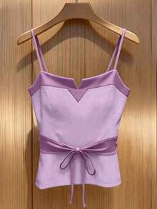 Nuevo diseño de top con cordones, top elástico ajustado de cintura estilizante con bloques de color, blusa elegante sin mangas de cuello en V para mujer, primavera/verano - Morado - Ver 8
