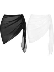 Conjunto de falda cubierta de verano para mujeres en vacaciones en la playa con cintura ajustable y unicolor - Blanco y Negro - Ver 1