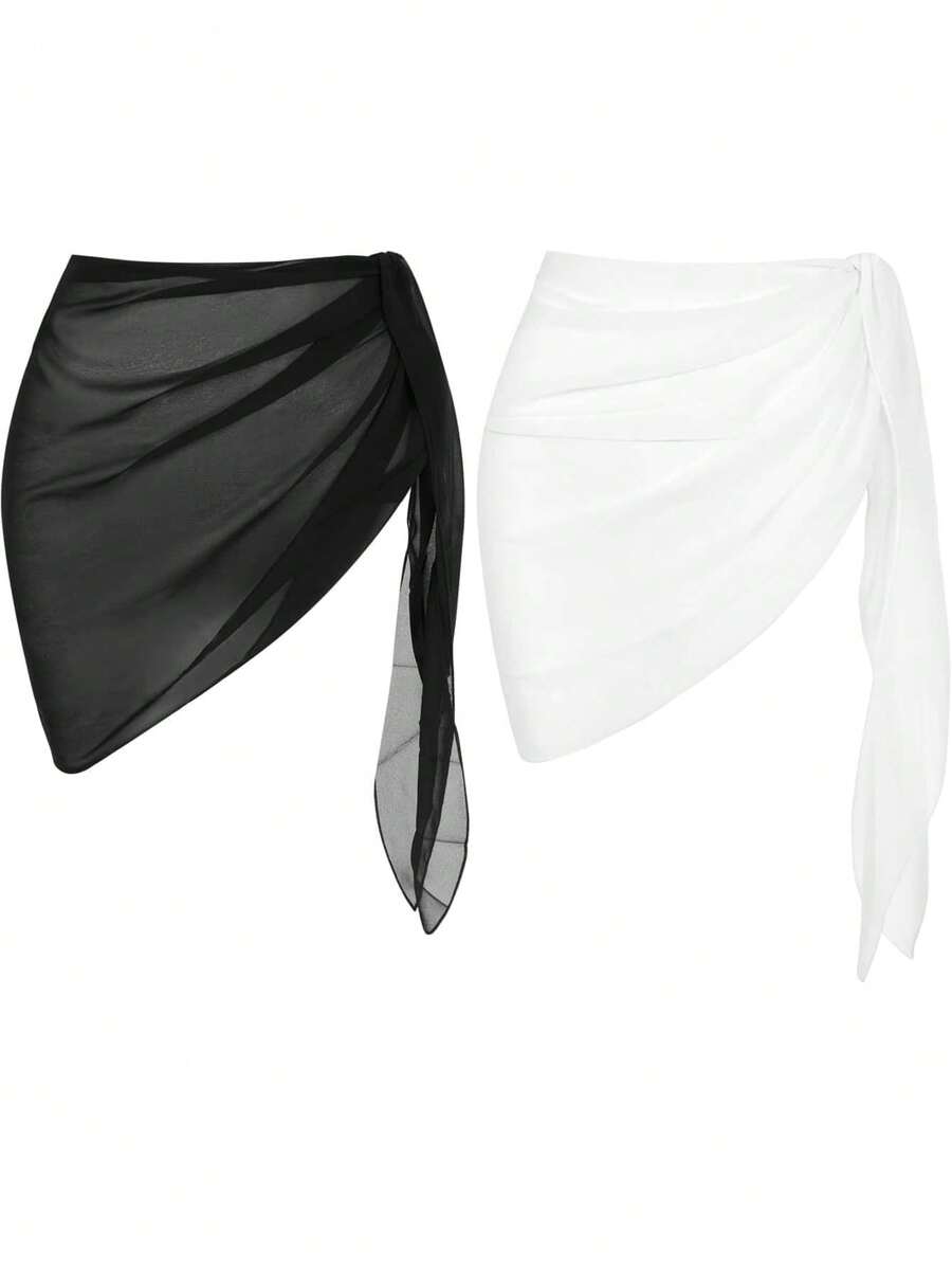 Conjunto de falda cubierta de verano para mujeres en vacaciones en la playa con cintura ajustable y unicolor - Blanco y Negro - Ver 1
