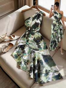 Vestido de mujer con un hombro, estampado teñido difuminado y diseño de volantes en el bajo irregular, vestido de primavera/verano, diseño de bajo irregular, elegante y de moda, adecuado para uso diario, bodas, banquetes, viajes diarios, fiestas de graduación, eventos festivos, vacaciones - Verde - Ver 12