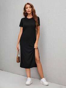 Vestido sólido con abertura alta, vestidos de verano para mujer, casual - Negro - Ver 3