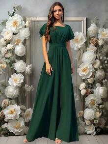 Vestido de dama de honor de gasa con volantes y mangas cortas con volantes, cuello de barco, estilo elegante para boda, color eucalipto - Verde Oscuro - Ver 1