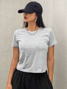 Camiseta de manga corta de ajuste slim con cuello redondo para mujer, para el verano - Gris - Ver 9