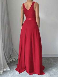 vestido maxi de mujer de color borgoña con cuello en V, sin mangas y plisado - Rojo - Ver 2