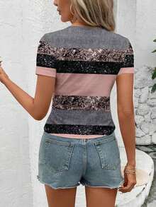 Camiseta de mujer de manga corta, ajustada, de cuello redondo, con estampado de rayas brillantes de estilo minimalista casual, adecuada para primavera/verano - Multicolor - Ver 2
