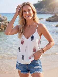 Top de tirantes casual con estampado de plantas para mujer, top de verano para vacaciones, top de verano para mujer, top tipo camiseta de verano casual, top tropical de verano, top casual de verano para mujer, top tipo camiseta de verano para mujer, - Blanco - Ver 3