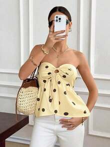 Blusa de verano plisada con lazo frontal a lunares para mujer - Amarillo - Ver 3