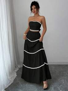 Conjunto de dos piezas para mujer estilo bohemio: top corto tipo bandeau sin tirantes de gasa con falda larga y ribetes en contraste. - Negro - Ver 4