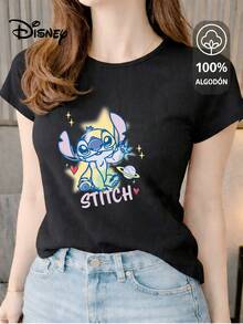 Women's T-Shirt Made Of 100% High-Quality Cotton, This T-Shirt Guarantees Exceptional Softness To The Touch, Round Neck With "Disney Stitch Galactic" Print And Short Sleeves - 黑色 - 查看 1