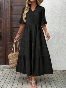 Vestido midi minimalista de unicolor y casual para mujer, vestido maxi verde de manga corta, vestido maxi casual de manga corta, vestido de verano para mujer, vestido de vacaciones, ropa de otoño, vestidos casuales para mujer, vestido elegante, casual - Negro - Ver 11