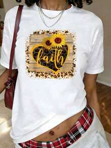Women's Clothing Vintage T-Shirt With Christian Print Of Cross, Sunflower, Butterfly And Flowers, Short Sleeve And Round Neck, Casual Top For Summer And Spring, Plus Size Women's Clothing, Women's Shirts - 白色 - 查看 6